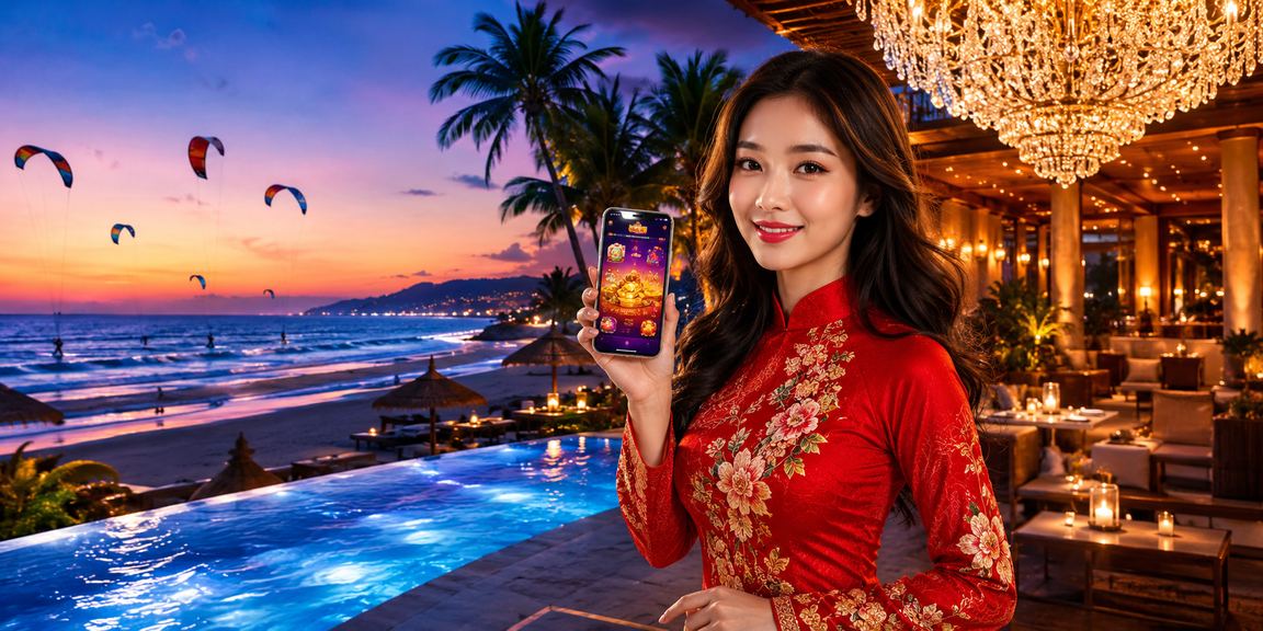 Phụ nữ Việt Nam trong trang phục áo dài trải nghiệm ứng dụng casino tại Mũi Né